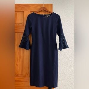 Sharagano Navy Dress with Lace Bell Sleeves